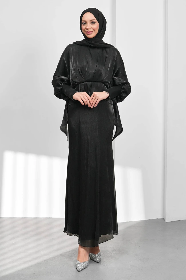 Siyah Yarasa Kol  Katlı Janjan Abiye