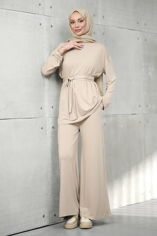 Taş Bel Bağlamalı Tunik Pantolonlu Modal Takım