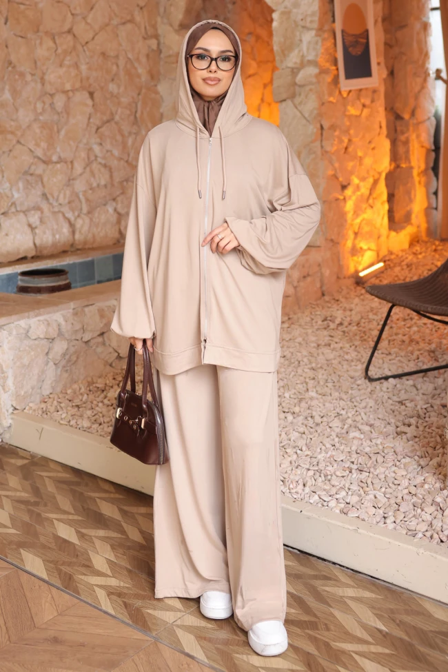 Taş Fermuarlı Kapüşonlu Tunik Pantolonlu Modal Takım