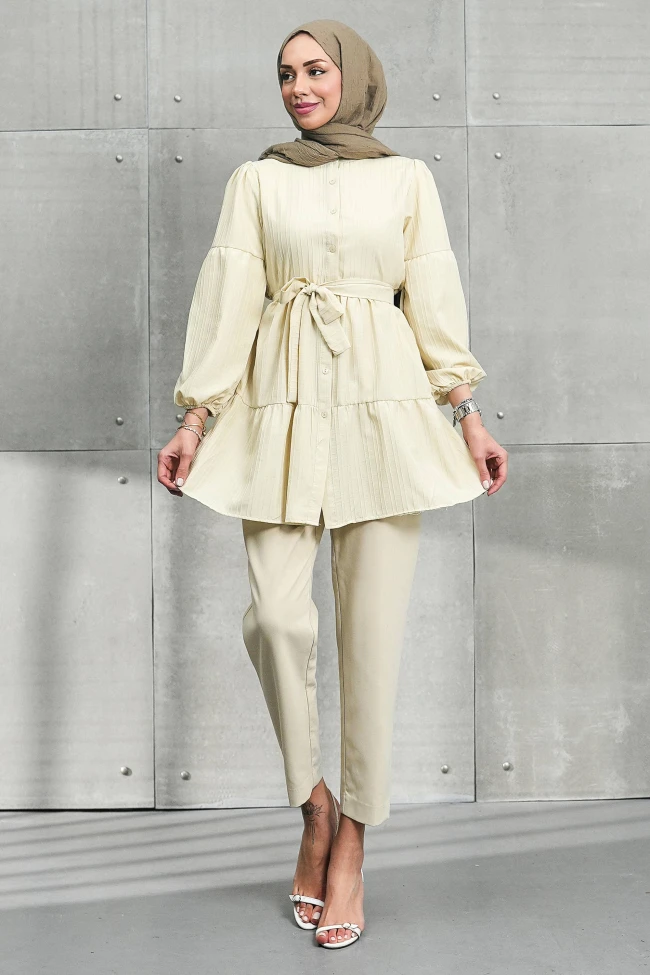 Taş Kol Lastikli Eteği Katlı Tunik