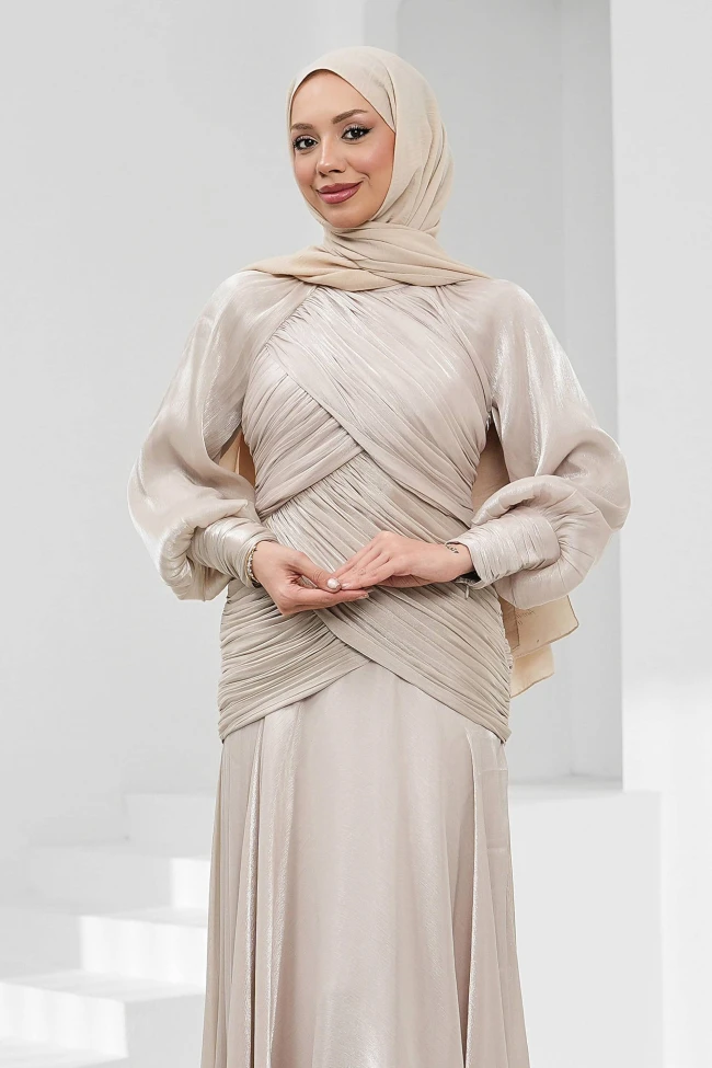 Taş Önü Drapeli Balon Kol Işıltılı Abiye