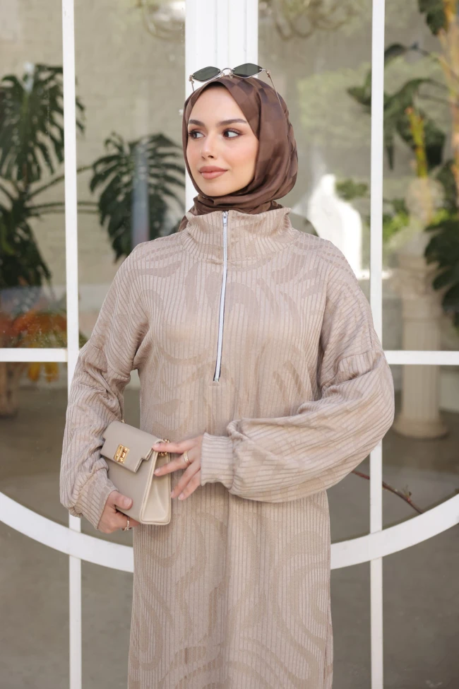 Taş Yarım Fermuarlı Fitilli Desenli Elbise