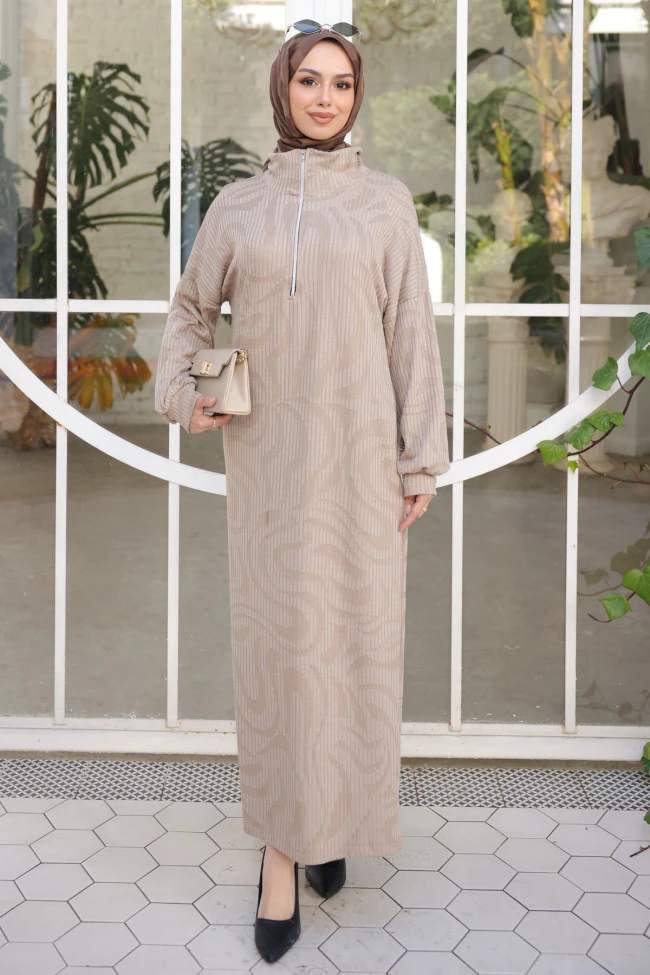 Taş Yarım Fermuarlı Fitilli Desenli Elbise