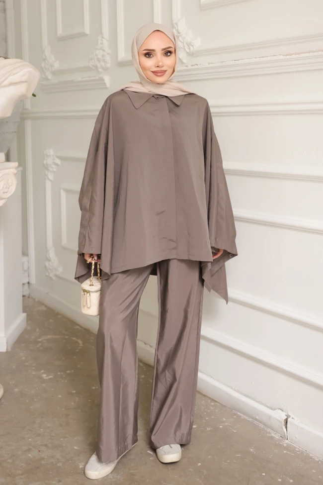 Vizon Düğmeli Pantolonlu Panço Takım