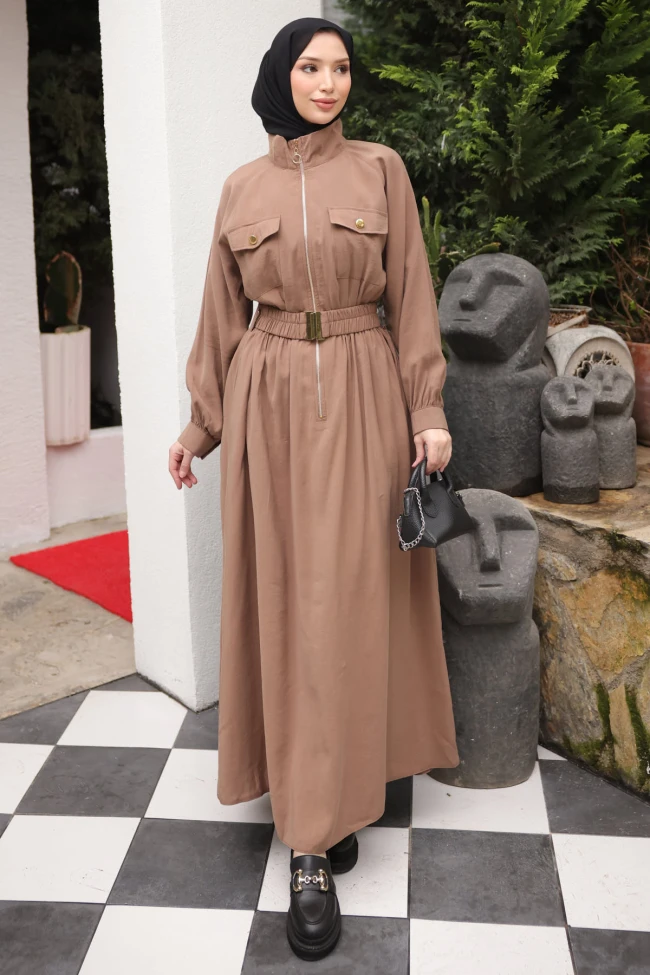 Vizon Fermuarlı Lastik Kemerli Elbise