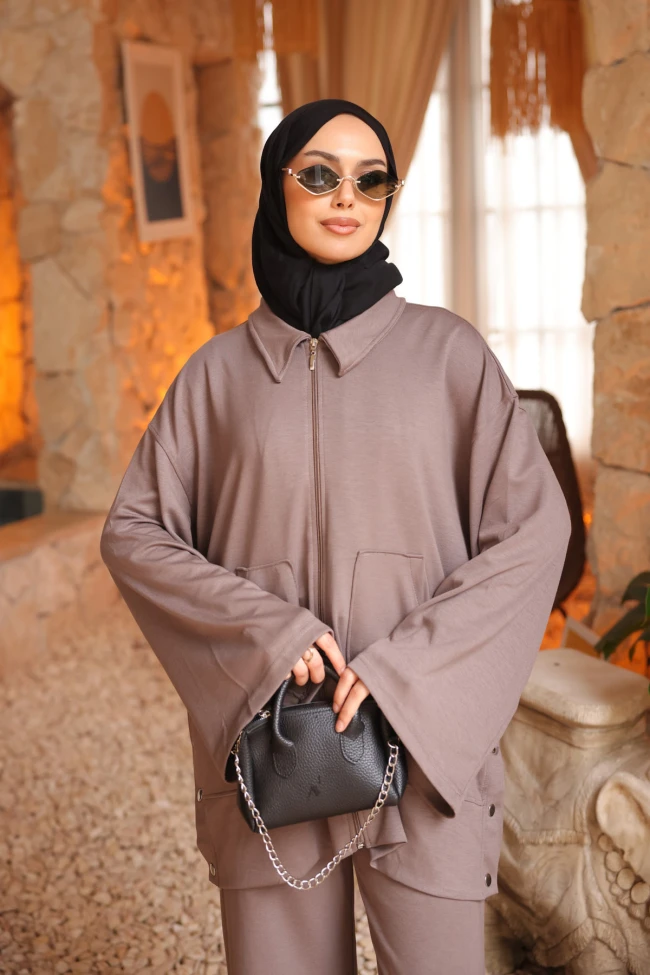 Vizon Fermuarlı Tunik Pantolonlu Modal Takım