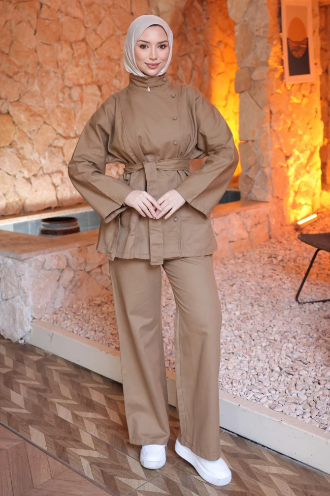 Vizon Kuşaklı Ceket Pantolonlu Gabardin Takım