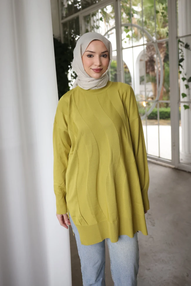 Yağ Yeşili Bisiklet Yaka Soğuk İplik Triko Tunik