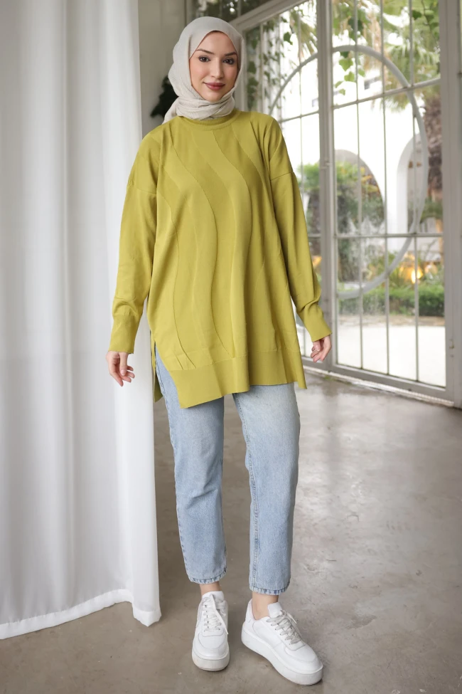 Yağ Yeşili Bisiklet Yaka Soğuk İplik Triko Tunik