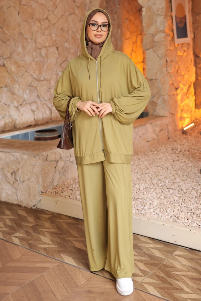 Yağ Yeşili Fermuarlı Kapüşonlu Tunik Pantolonlu Modal Takım