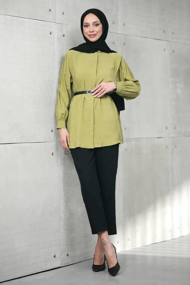 Yağ Yeşili Gizli Patlı Belden Kemerli Modal Dokuma Tunik