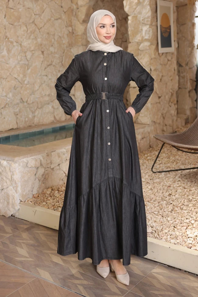 Antrasit Bel Kemerli Düğmeli Kot Elbise