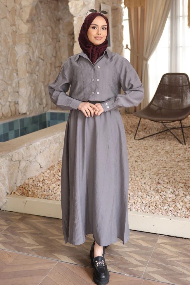 Antrasit Düğmeli Gömlek Etekli Takım