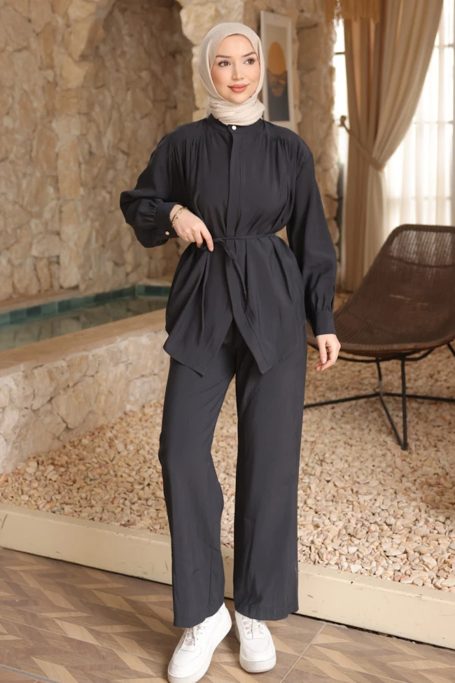Antrasit Gizli Düğmeli Pantolonlu Modal Takım