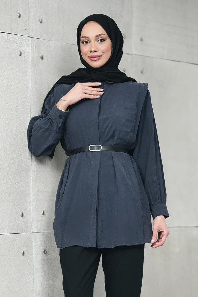 Antrasit Gizli Patlı Belden Kemerli Modal Dokuma Tunik