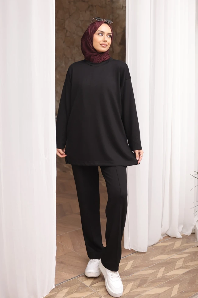 Antrasit Yanı Yırtmaçlı Tunik Pantolonlu Takım