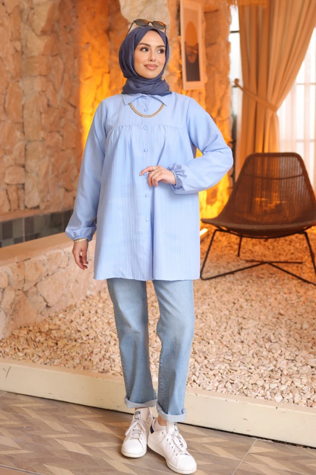 Bebe Mavi Kol Lastikli Çizgili Gömlek Tunik