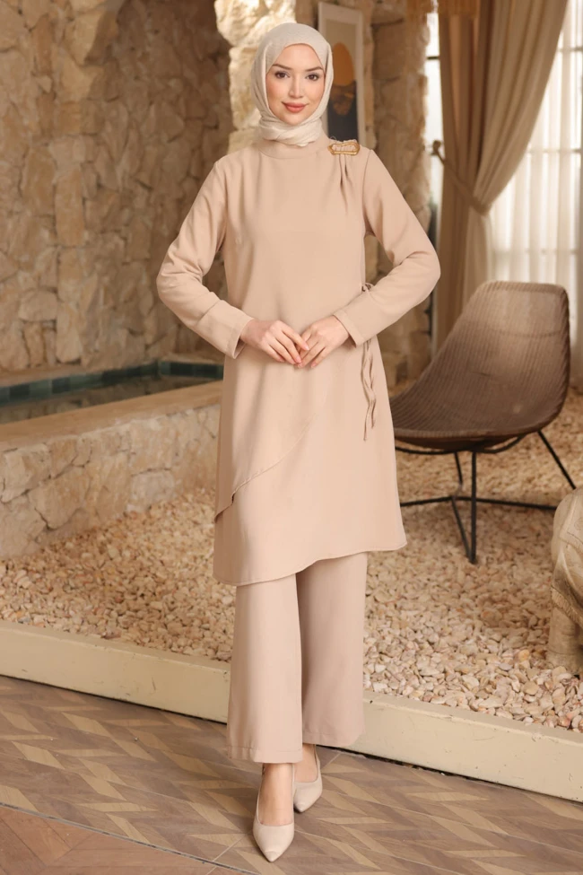 Bej Bel Bağlamalı Tunik Pantolonlu Takım