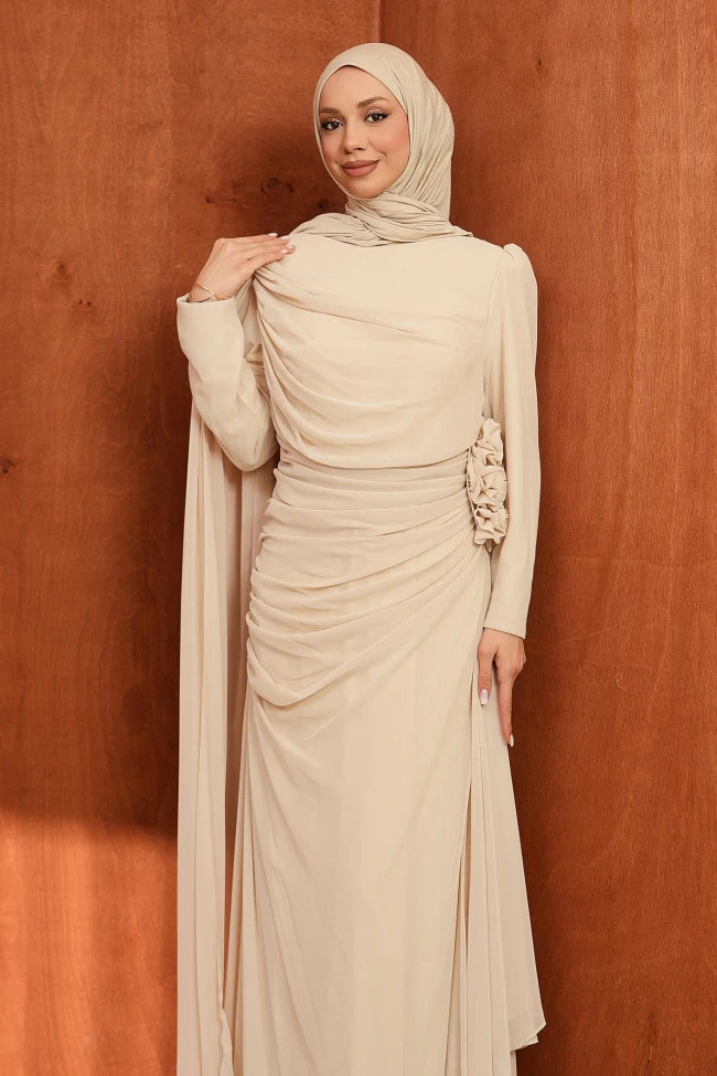 Bej Önü Drapeli Büyük Beden Abiye