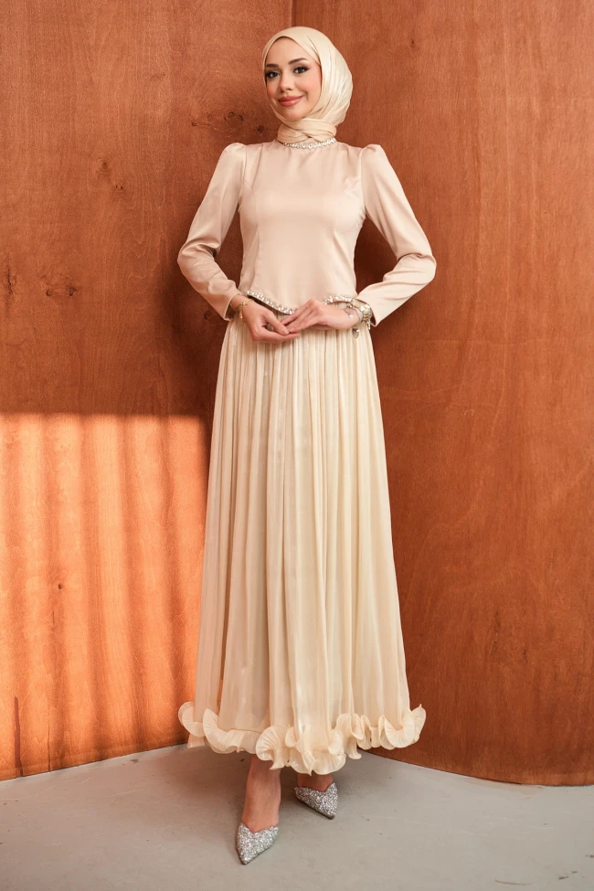 Bej Taş Detaylı Üstü Saten Piliseli Abiye