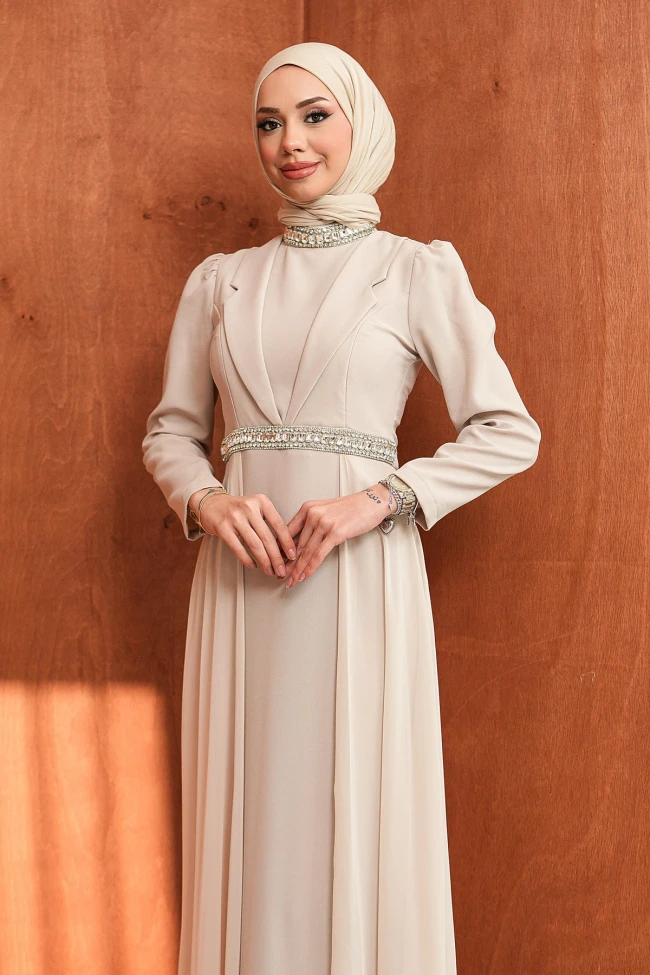 Bej Yaka Detaylı Taşlı Abiye
