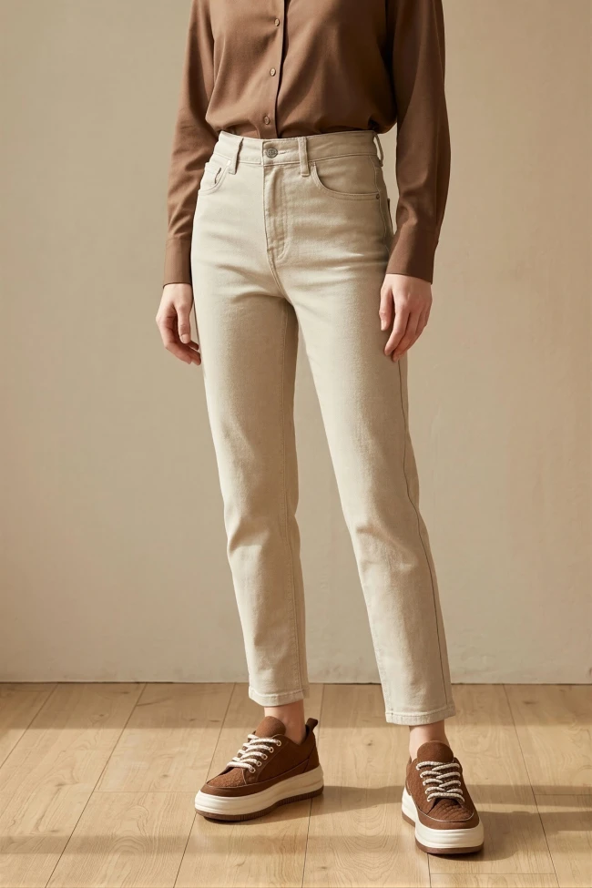 Bej Yüksek Bel Mom Jeans Pantolon