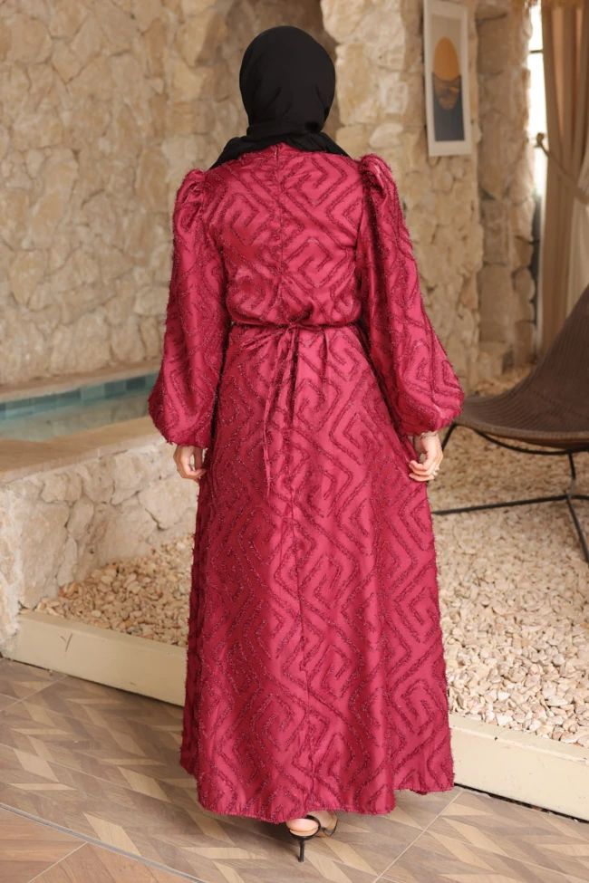 Bordo Balon Kol Kuşaklı Elbise