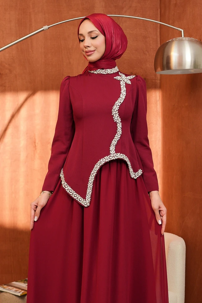 Bordo Eteği Şifon İkili Abiye Takım