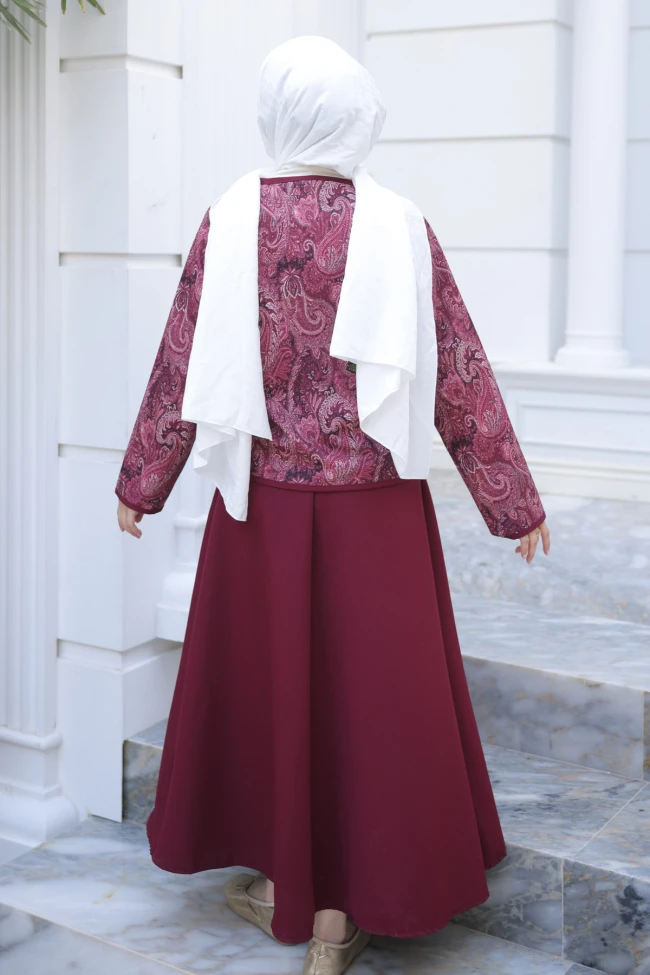 Bordo Etnik Desenli Ceket Etekli Takım