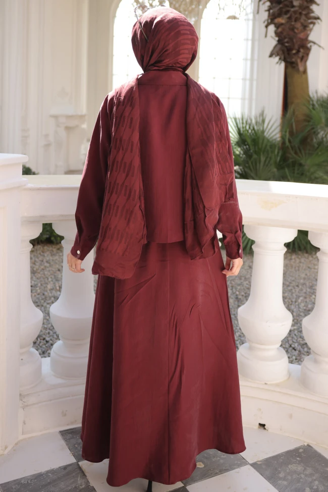 Bordo Fermuarlı Ceket Etekli Takım