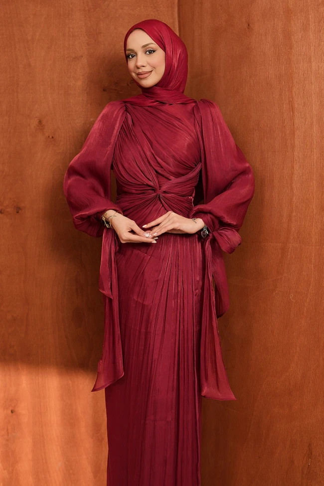 Bordo Ön Detaylı Şifon abiye