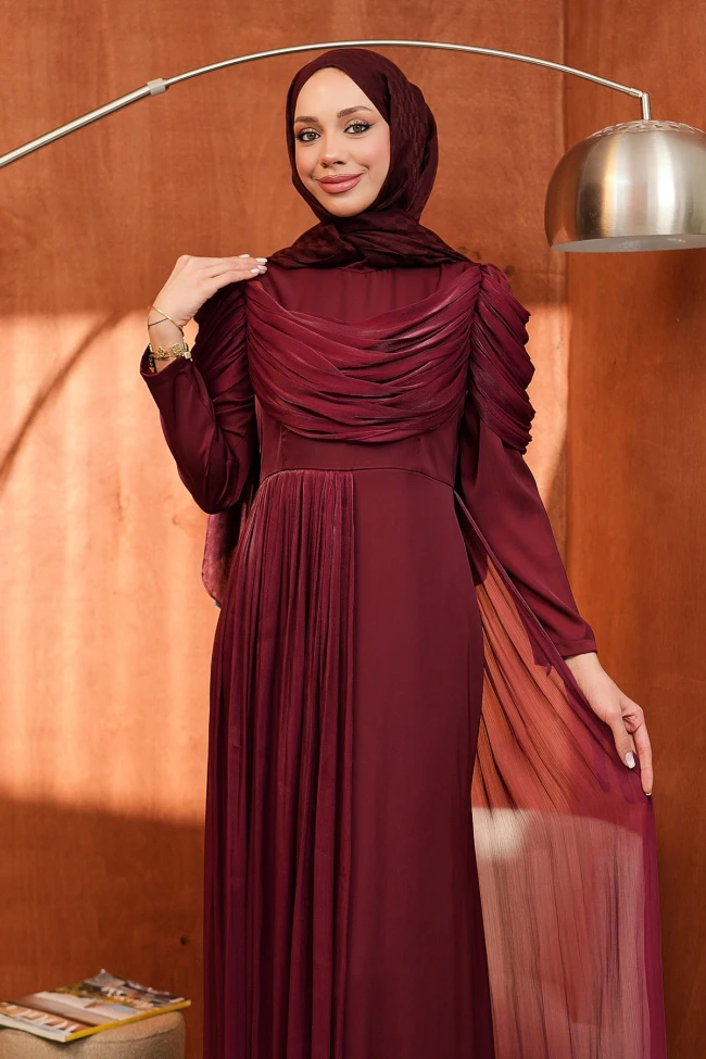 Bordo Önü Drapeli Saten Abiye