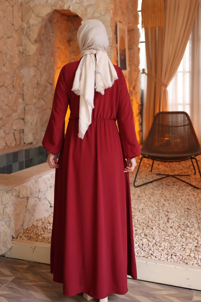Bordo Yan Bağlamalı Kol Lastikli Elbise