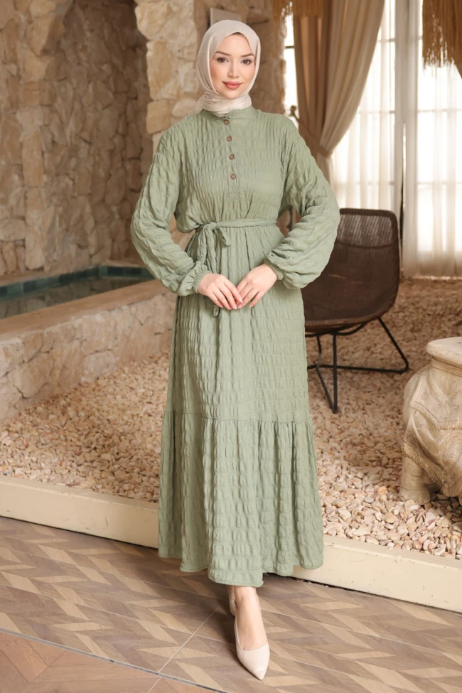 Çağla Kol Lastikli Düğmeli Bel Bağlamalı Gofre Elbise