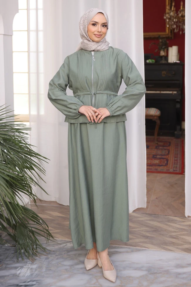 Çağla Önü Nervürlü Fermuarlı Ceket Etekli Takım