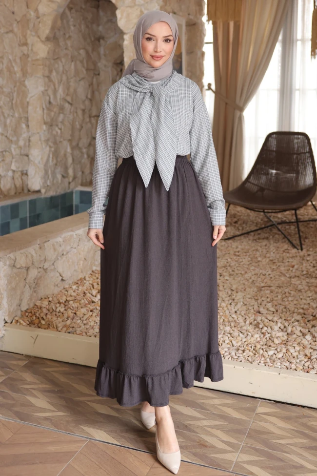 Füme Etek Ucu Fırfırlı  Bel Lastikli Bürümcük Etek