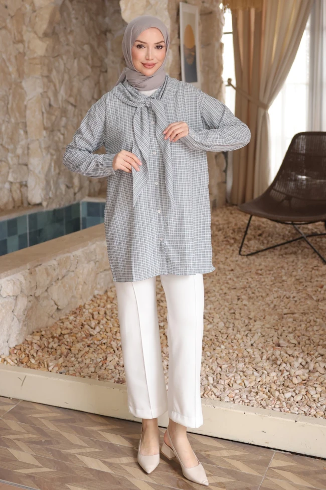 Füme Yaka Detaylı  Pötikareli Tunik Gömlek