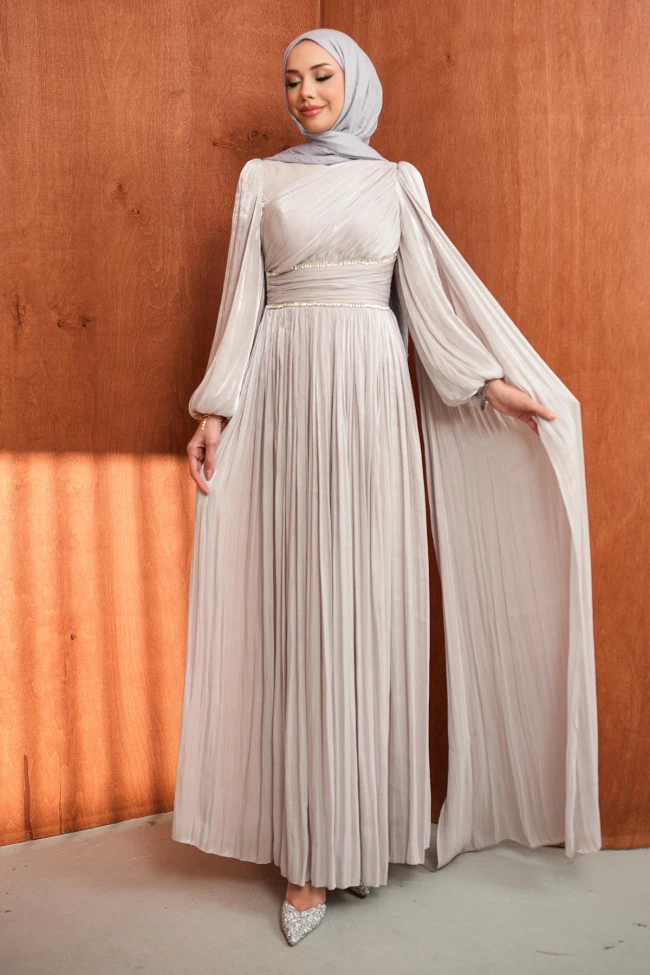 Gri Bel Büzgülü Taşlı Abiye