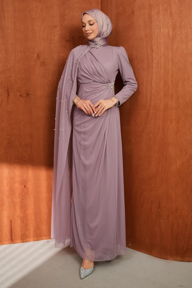 Gül Kurusu Drapeli İnci Detaylı  Abiye