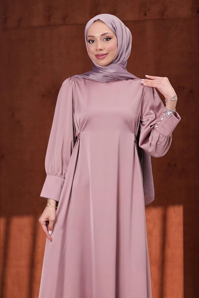 Gül Kurusu Kol Düğmeli Beli Kuşaklı Saten Abiye