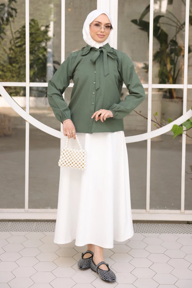 Haki Bebe Yaka Kol Lastikli Düğmeli Gömlek