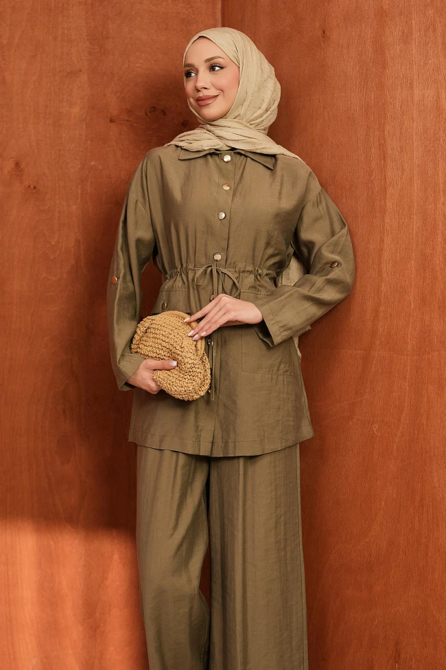 Haki Bel İp Büzgülü Tunik Pantolonlu Takım