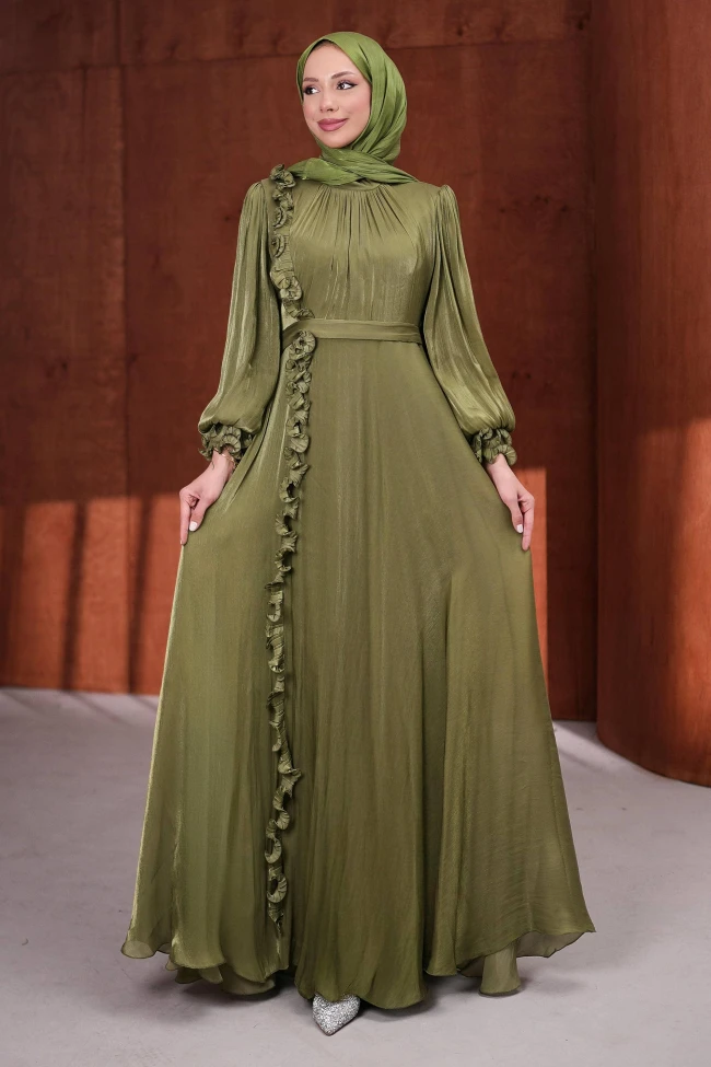 Haki Bel Kemerli Fırfırlı Janjan Abiye