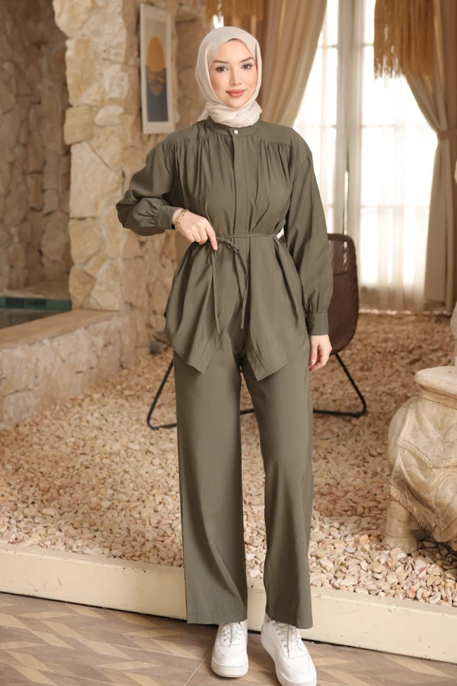 Haki Gizli Düğmeli Pantolonlu Modal Takım