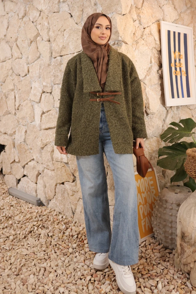 Haki Kemer Detaylı Kaşe Kaban