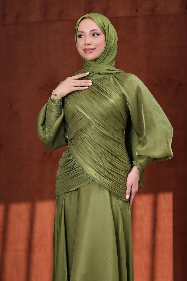 Haki Önü Drapeli Balon Kol Işıltılı Abiye