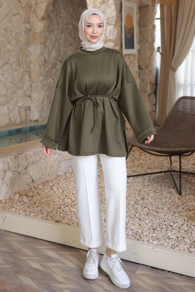 Haki Taş Detaylı Yırtmaçlı Oversize Tunik