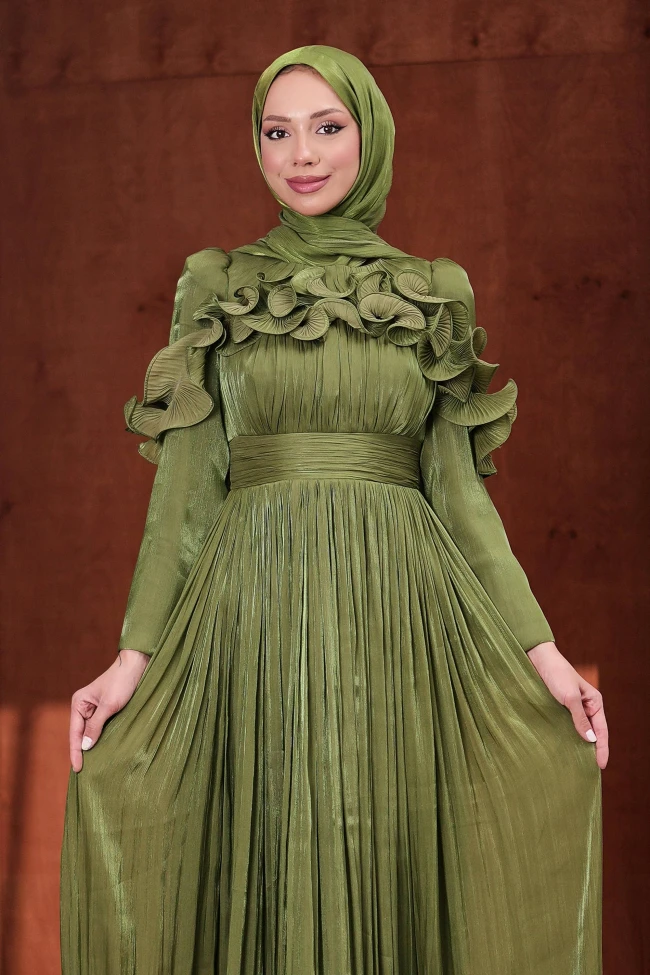 Haki Yaka Ve Etek Ucu Fırfırlı Işıltılı Abiye