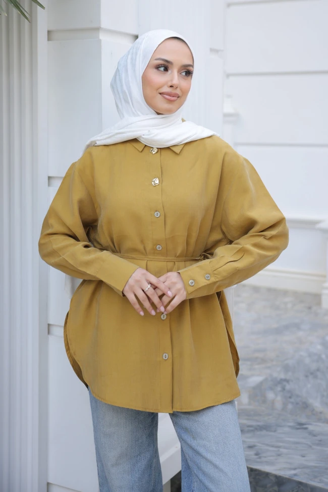 Hardal Bel Bağlamalı Düğmeli Tunik