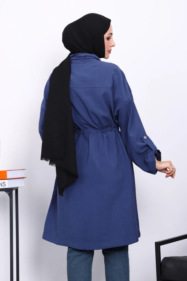 İndigo Bel Kuşaklı Çift Cepli Gabria Kap